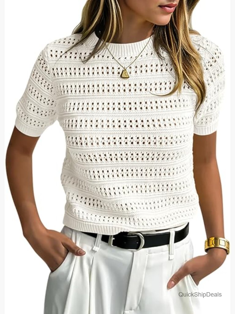 Short Sleeve Crochet Sweater Crew Neck Loose Boho Pullover Knit Top